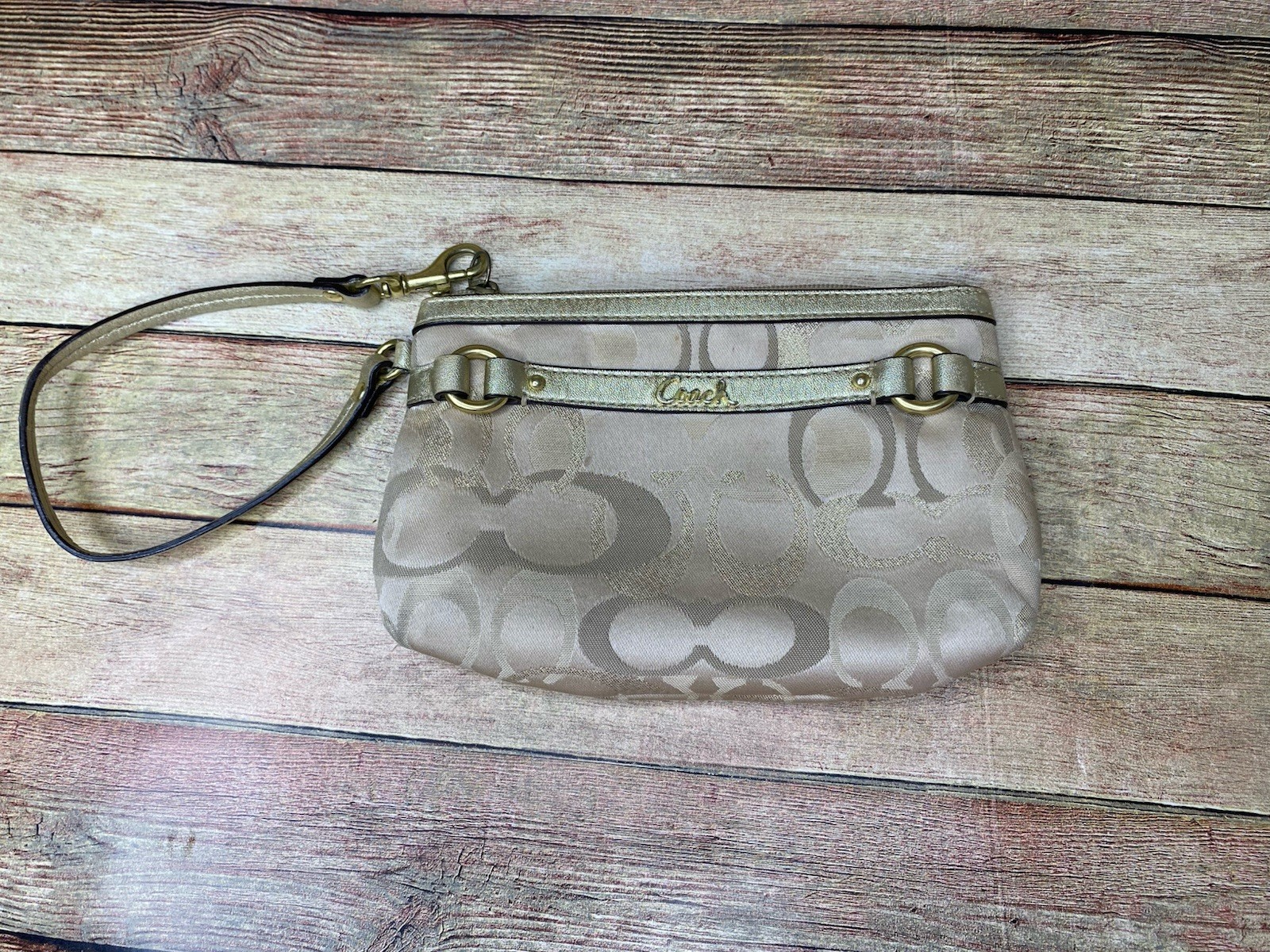 Coach Signature Metallic Gold Logo Wristlet Clutch Bag Canvas Leather Trim