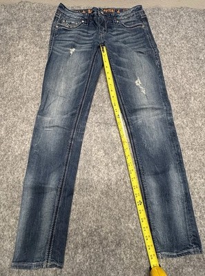 Rock Revival Distressed Straight Blue Denim Jeans Embroidered Back Pockets Sz 29