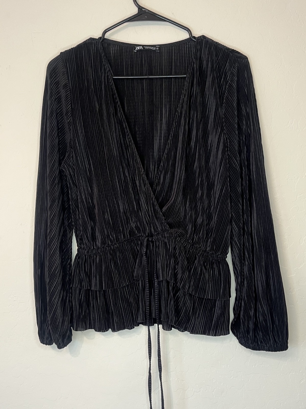 Zara Black Pleated Blouse Wrap Top Front Tie M