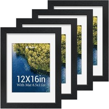 12x16 Picture Frame Set - 4 Pack, Black Solid Wood Photo Frames - Tempered Gl...