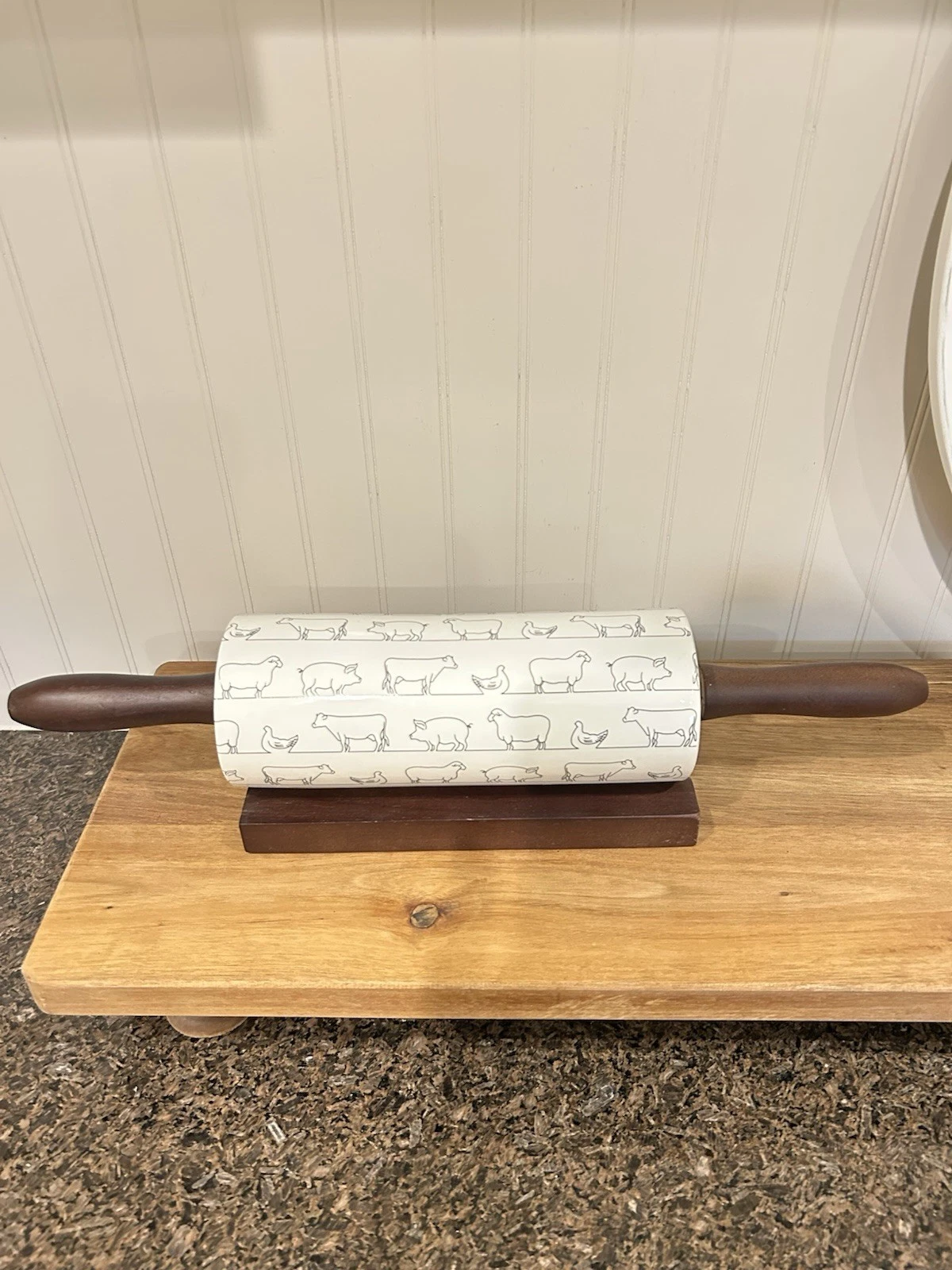 Ceramic Rolling Pin,16 Inch with Wooden Handle and Stand, Farmhouse New