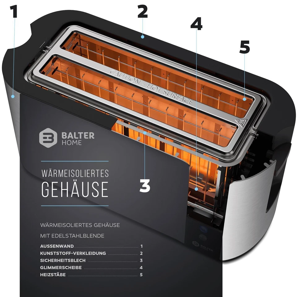 Balter Toaster 4 Scheiben Langschlitz Edelstahl Brötchenaufsatz LCD 1500W Silber - Bild 4 von 4