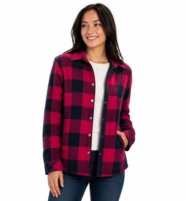 Orvis Buffalo Plaid Fleece Lined Shacket Jacket Size Large Pink Navy Cozy Cabin