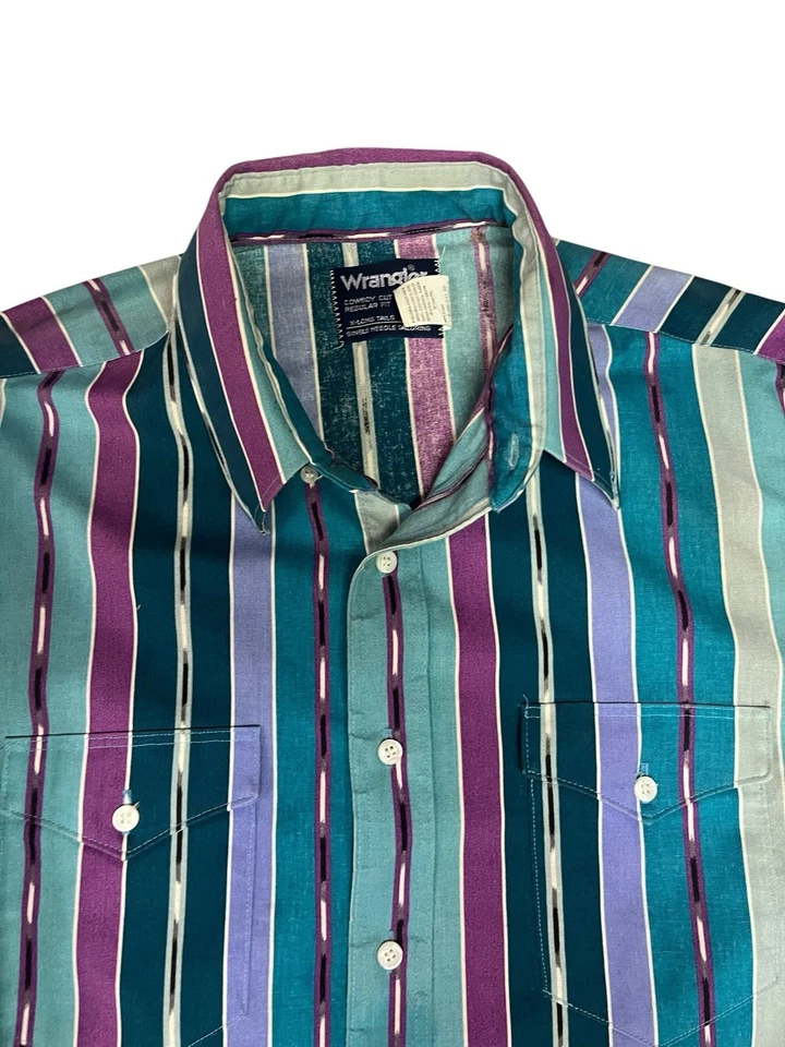 Vintage 90s Wrangler Western Shirt Men Cowboy Cut Xlong Tails Brushpopper 17x35 - Image 2 of 4