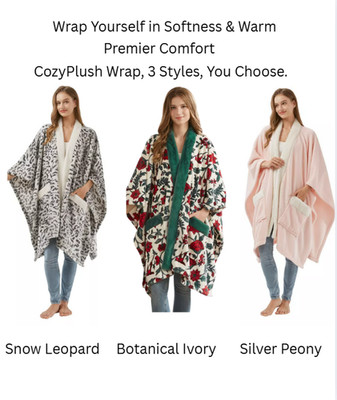 Plush Wrap 50''x70'' Faux Fur Trim 3 PRINTS Blanket Kimono Cozy NWT | Gift for Her