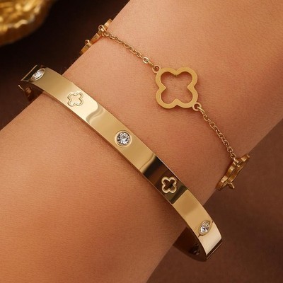 Yupsk 2Pcs Women s Lucky Clover Bracelet Set Stainless Steel Zircon Gift