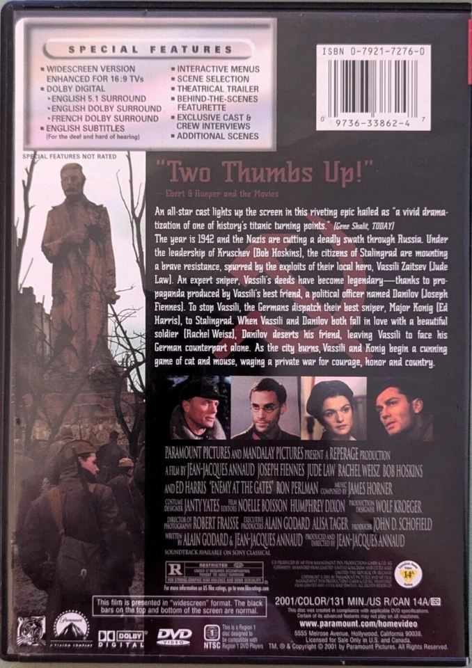 Enemy at the Gates (DVD, 2001, Widescreen) - Image 2 of 2