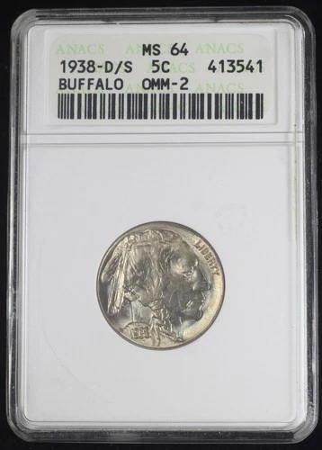 1938-D/S BUFFALO NICKEL 5C ANACS MS64 - OLD SOAPBOX HOLDER (PQ226)