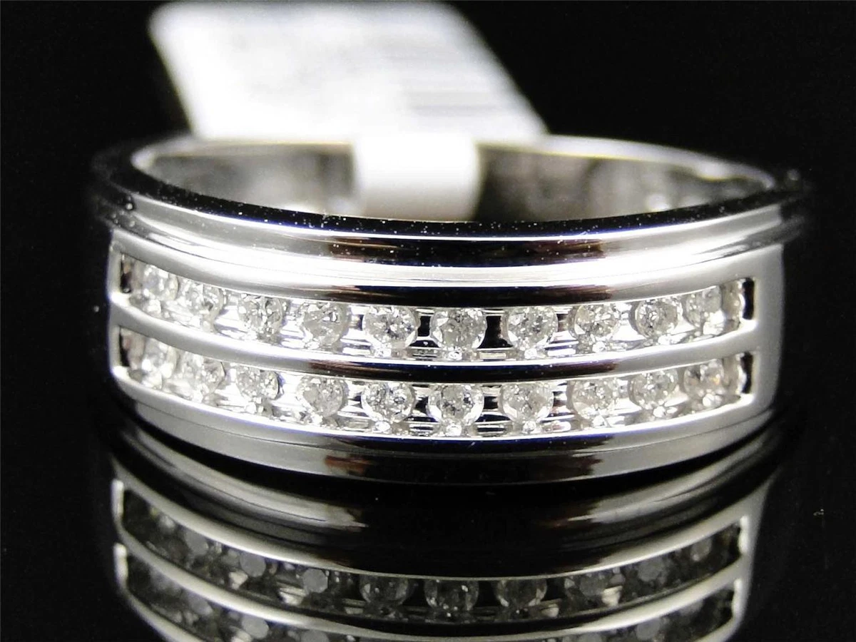 Mens 10K White Gold Round Cut White Diamond 2 Row Engagement Wedding Band Ring