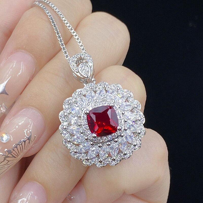3pc Full of Stone Charm Red Garnet White Topaz Gems Women Necklace