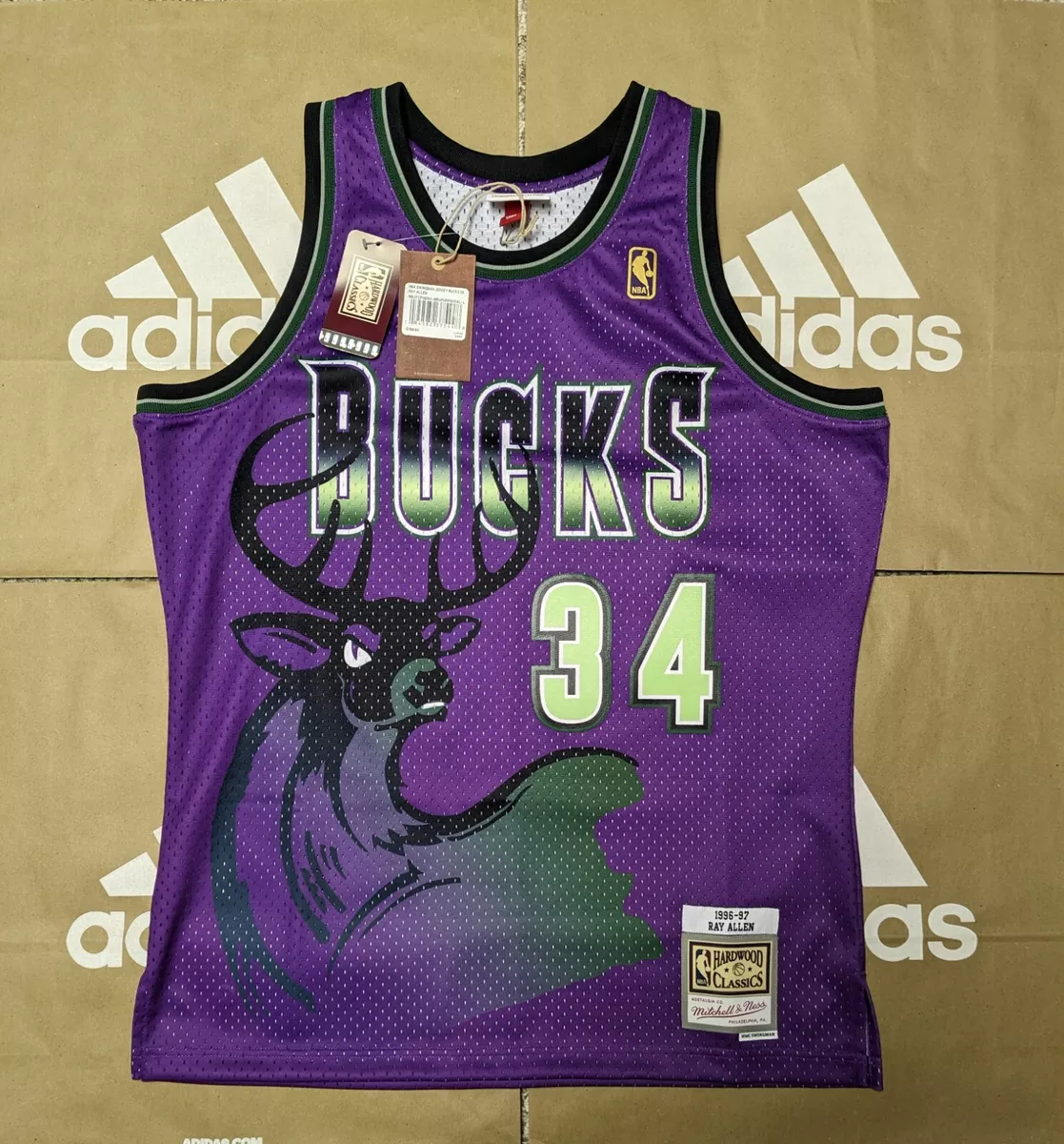 Men's Mitchell & Ness Ray Allen Purple Milwaukee Bucks 1996-97 Hardwood  Classics Reload Swingman Jersey