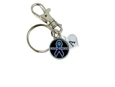 Custom Colon Cancer Awareness Blue Ribbon Key Chain Initial Family Charm Gift