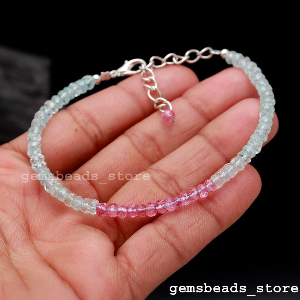 925 Sterling Silver Pink Topaz+Aquamarine 4mm Rondelle Faceted Bracelet 7" - Image 2 of 4