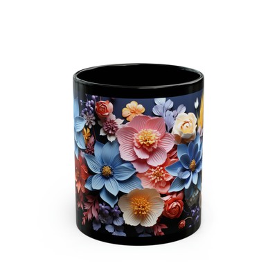 Pressed Flower Coffee Mug Graphic Boho Coffee Cup 11oz Black Mug