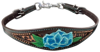 WITHER STRAP Blue Flower & Cheetah Inlay Leather Adjusts with 2 buckles 23''-30''