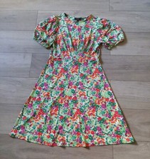 LIPSY Green Pink & Multi Floral Print Flared Dress Smart Retro Work Wedding UK12