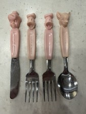 Bambie, Tinkr Bell, Etc. Disney Pink Childs Fork Spoon Knife Plstk Handles HTF