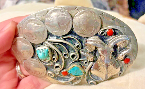 Vinatge Native Silver Nickle Ram & Buffalo Nickels, Turquoise & Coral Buckle - Picture 11 of 19