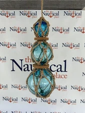 (3) Aqua Glass Fishing Floats On Rope ~ Light Blue ~ Nautical Fish Net Decor 