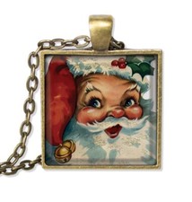 Retro Santa Jingle Bell Santa Hat Square Glass Pendant Necklace Jewelry 25mm