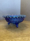 Vintage L.E. Smith Iridescent Blue Purple Carnival Glass Rose Floral Footed Bowl