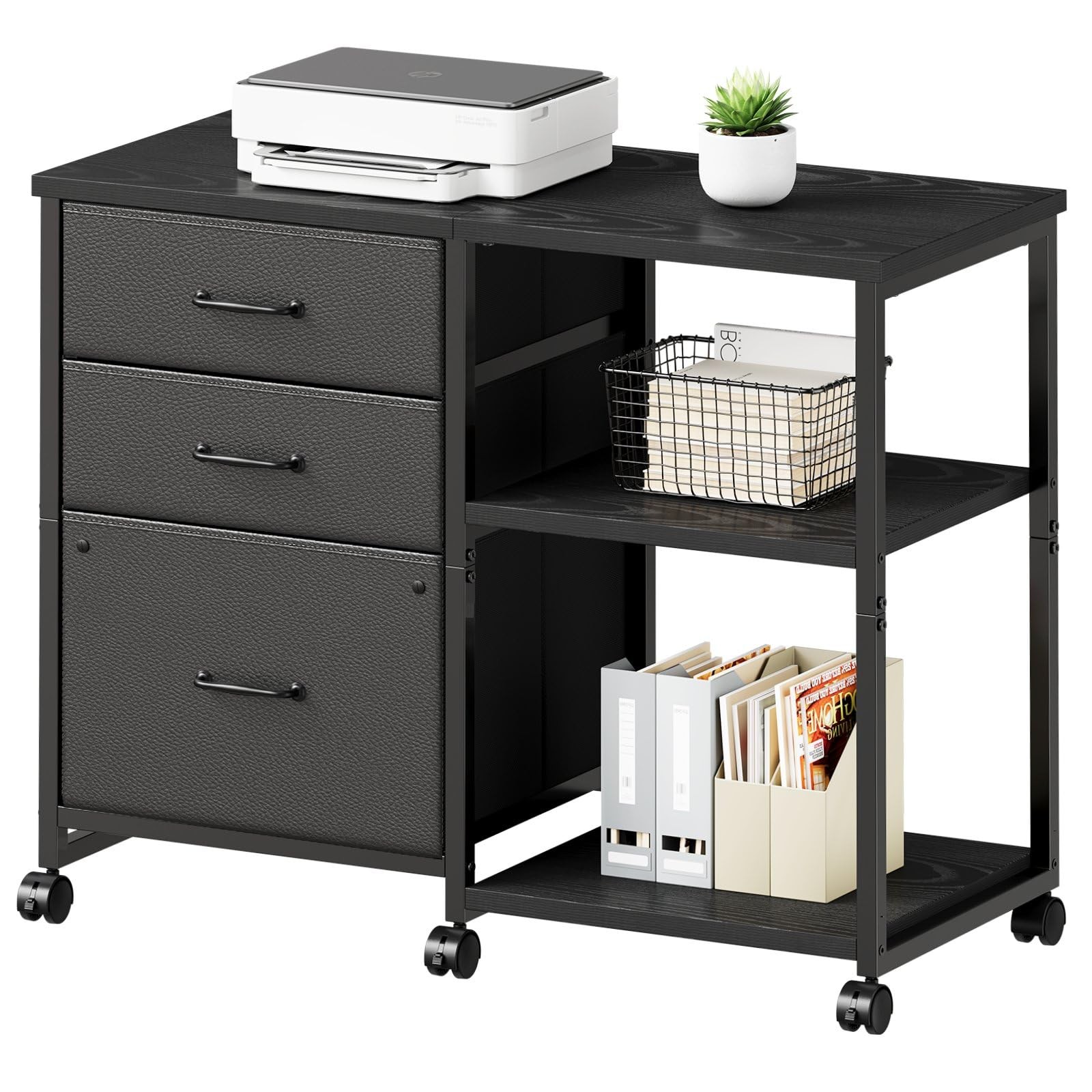 Maihail 3 Drawer Rolling File Cabinet, Printer Stand with Storage, Black