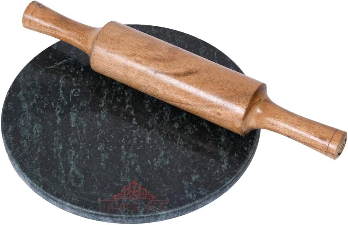 Green Marble Chakla with Wooden Belan/Rolling Pin Board/Roti Maker/Chakla Bel...