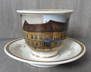 KPM BERLIN Straßen Ansicht Biedermeier Tasse Szepter & Pfennigmarke u.1850