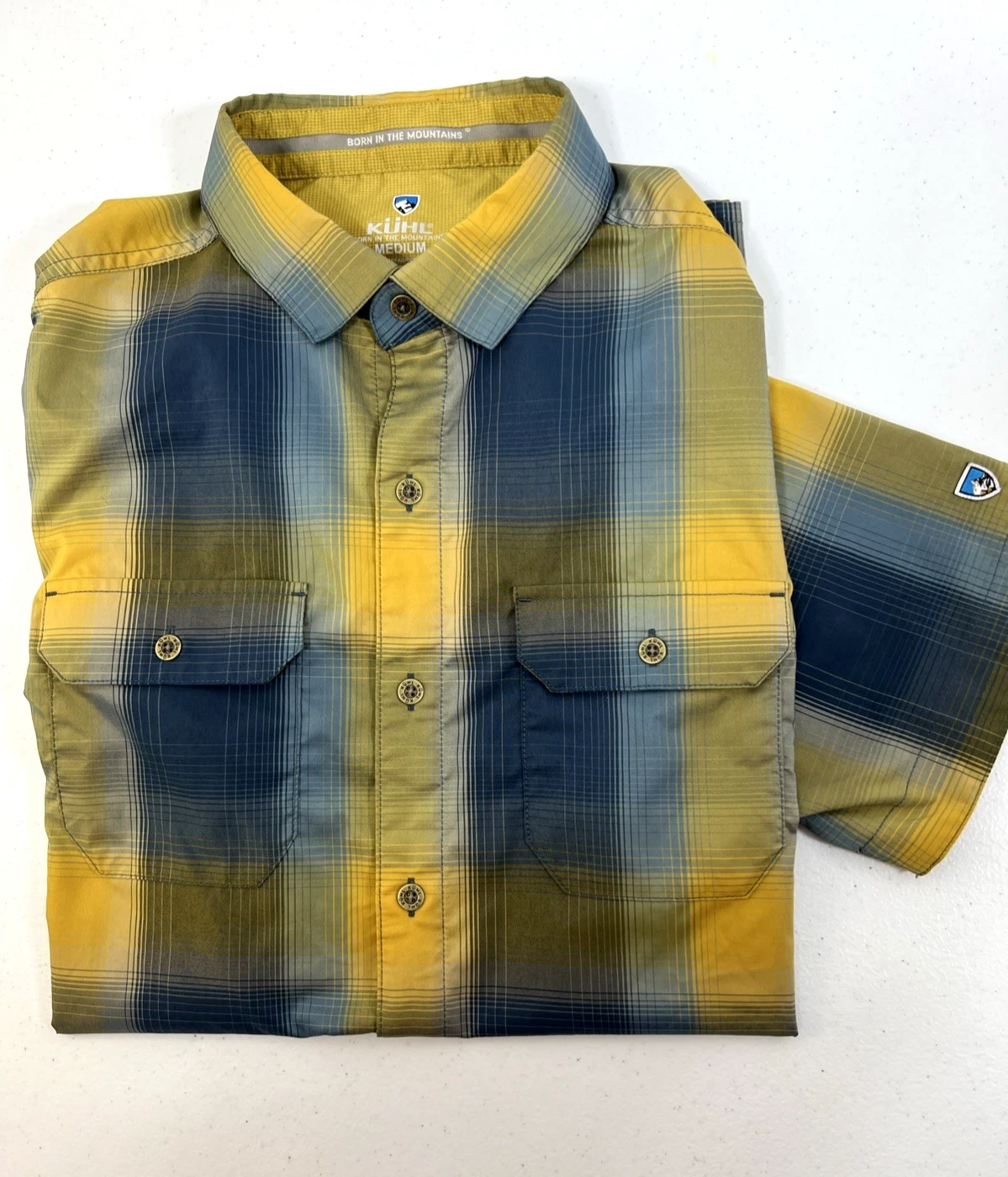 Kuhl Response Men’s Yellow & Blue Ombre Plaid Outdoor Hiking Button-Up Size M