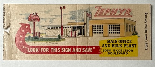 ZEPHYR Shakopee Anoka Minneapolis Minnesota Vtg 1940s Matchbook Gasoline