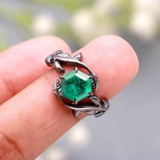Natural Green Emerald Hexagon Shape Leaf Ring Oxidized Sterling Silver Jewelry