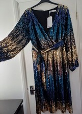 BNWT Yours sz 24 BLUE GOLD OMBRE SEQUIN EVENING PARTY DRESS NEW PLUS CURVE £65