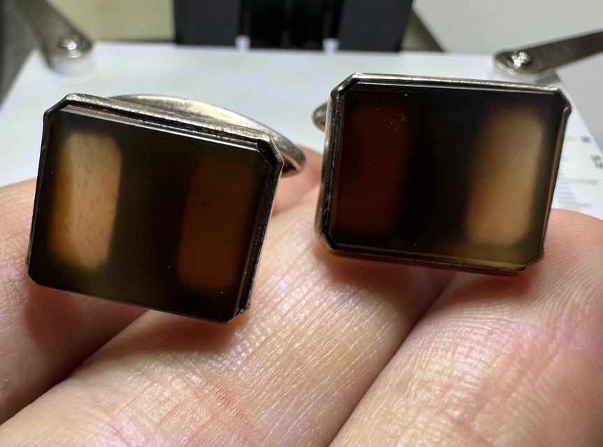 Gemelos soviéticos vintage de plata 875 con piedra de ágata marrón joyería natural de la URSS Foto 4 de 4