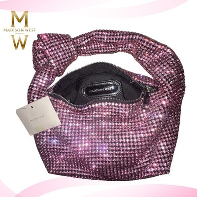 NWT Pink Madison West Knotted Rhinestone Dumpling Evening Handbag Purse