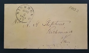 RAS 1861 Confederate CivilWar Stampless Cover Alexander Stephens Richmond PAID 2