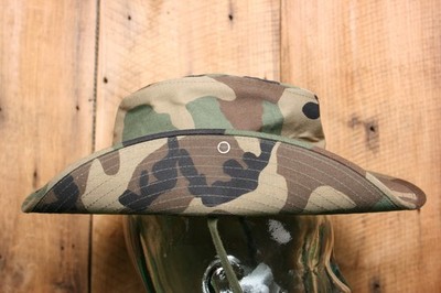 Vintage Woodland Camo Stiff Canvas Aussie Style Bush Hat Fits 6 1