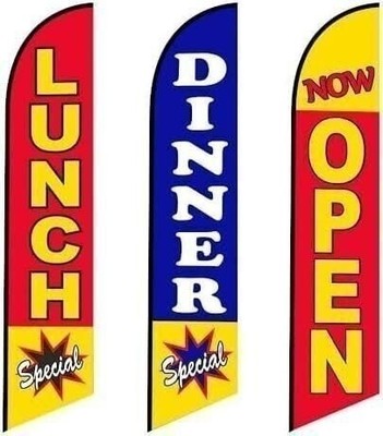 3 (three) Tall Windless Feather Flags of Lunch Special Dinner Special and Now...