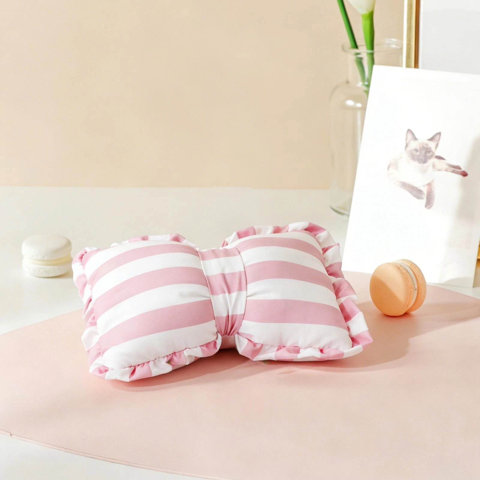 Pink Striped Bow Pillow Bedding Room Gifts Decor Bedroom