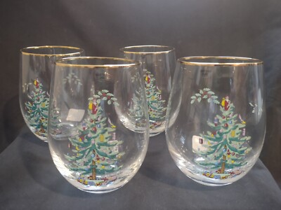 Set of 4 New Spode Christmas Tree Stemless Wine Glasses 22 Karat Gold Rim 19 Oz