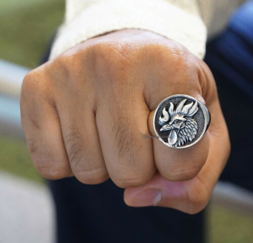 Rooster Cock bird Chicken Signet Ring oxidized 925 silver rider biker gift - Picture 3 of 4