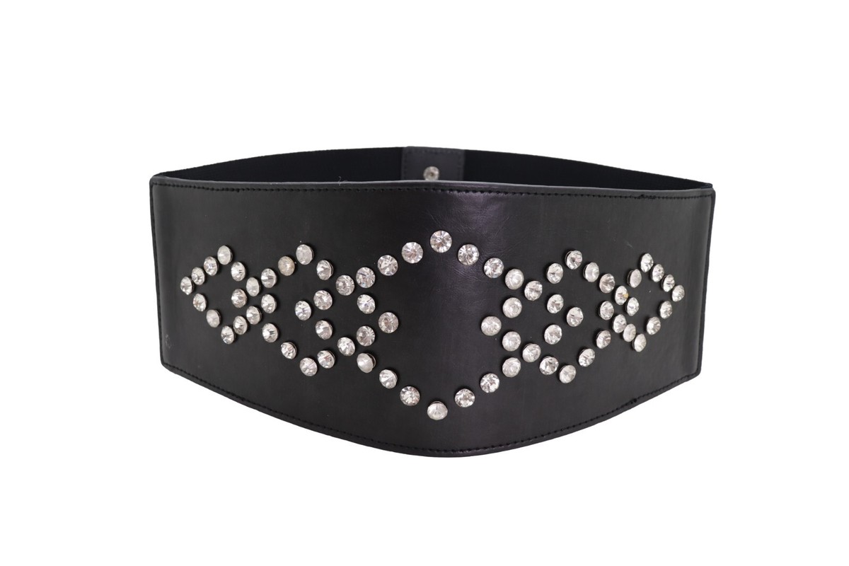 Silver/Black Square Rhinestone Stretch Belt Women Wide Black Stretch Waistband Fashion Belt Silver  main image 3