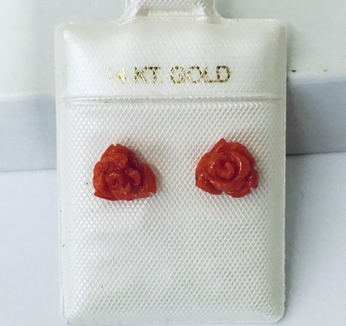 Small 14K Gold  Genuine Natural Aka Red Coral Hand Carved Rose Stud Earrings NEW