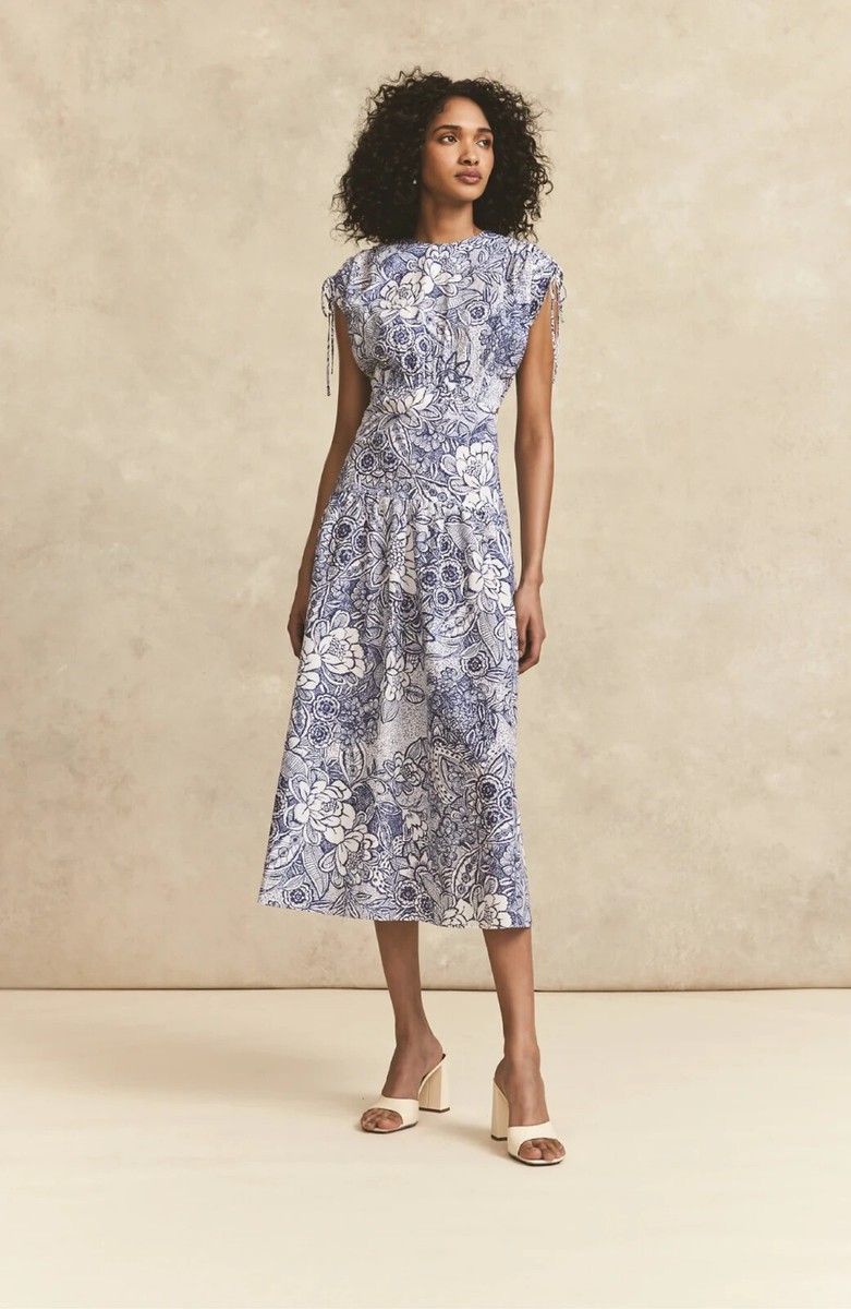 lela rose blue floral dress NWT Pearl by Lapis Voile Midi with Cutouts & Ruching S vt::Dresses::Pattern::Polka Dots 100% Polyester Dry Clean Jovani 94366 Black Strapless Size:XS (0-2)