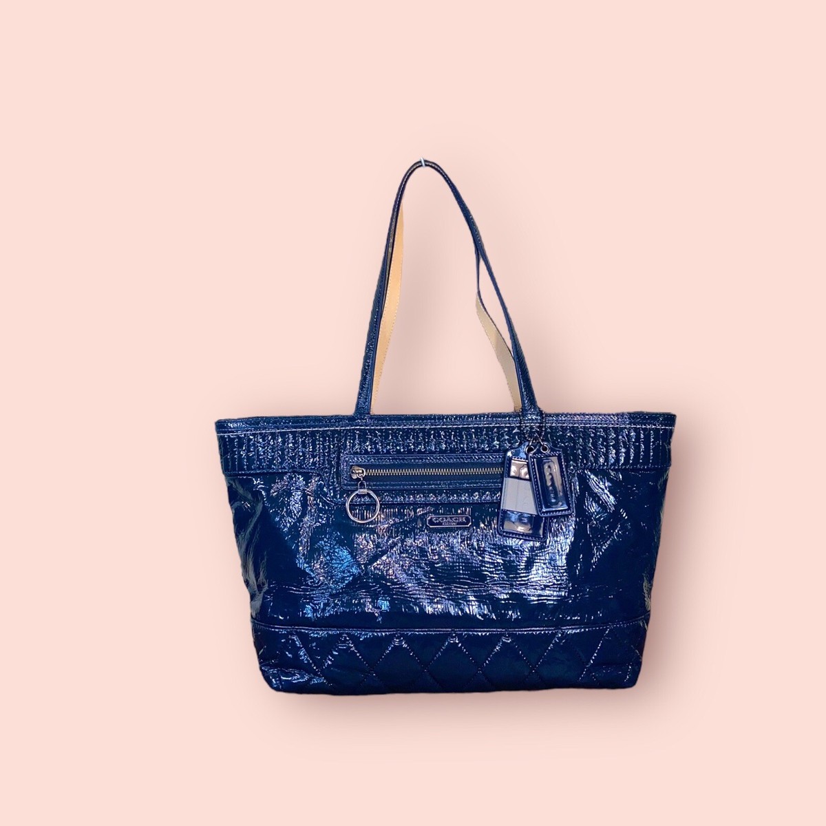 COACH Poppy Daisy Liquid Gloss Luxury Blue Leather Shoulder Tote