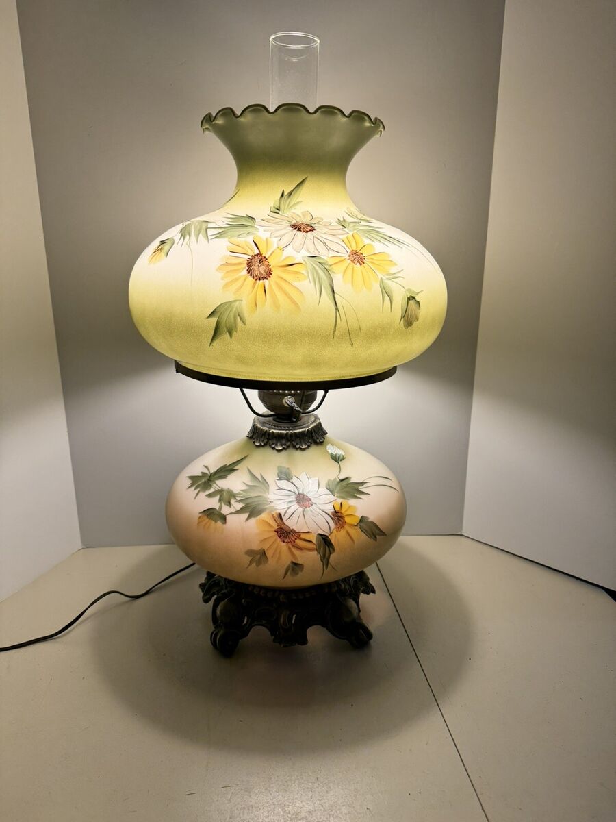 Vintage Hurricane Lamp Green 26” Floral Wide Brass Base 13”w Vintage Hurricane Lamp Green 26” Floral Wide Brass Base 13”w