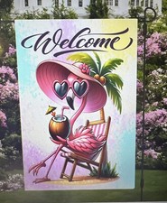 Garden Flag 12x18 Welcome Flamingo Beach Cocktail Double Sided Handmade