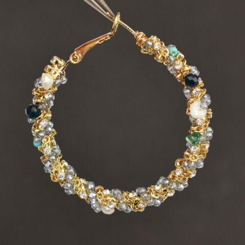 Boucles d'oreilles grand cerceau cristal perle strass naturel or brillant grand cadeau étincelant - Photo 1 sur 6