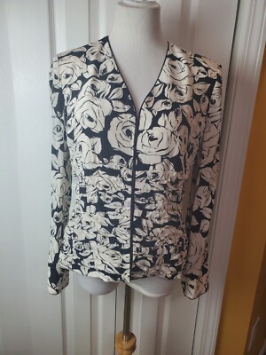 Carlisle 100% Silk Vintage Shoulder Pads Black White Floral Jacket Size 8