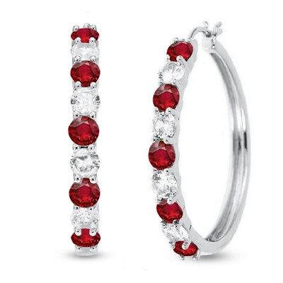 Valentine Gift Rhodium over Brass Birthstone & White Sapphire Hoop Earrings