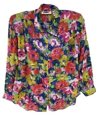 Gitano Women Sz 40 Colorful Cotton Floral Button Up Long Sleeve Top Blouse VTG